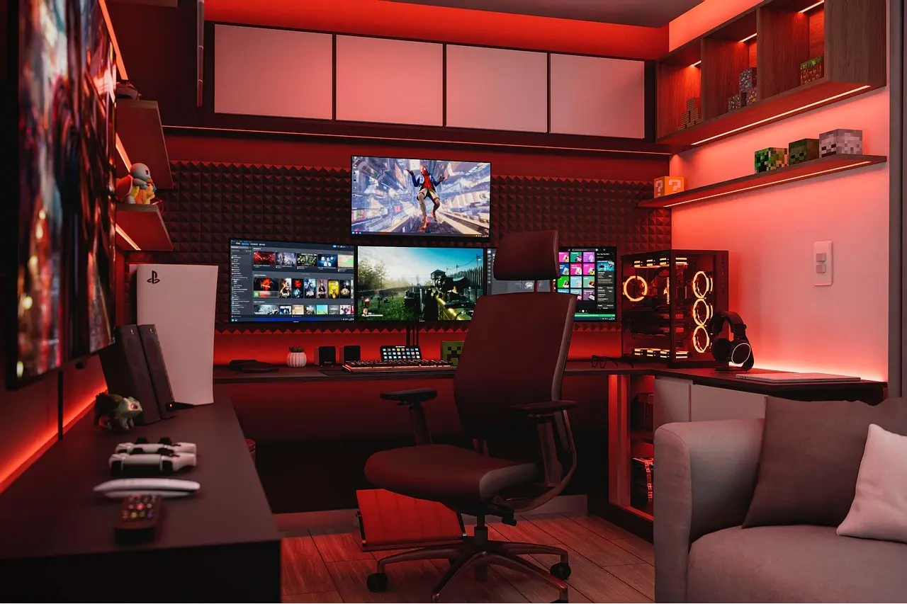 Gaming setup med flere skærme og rød belysning